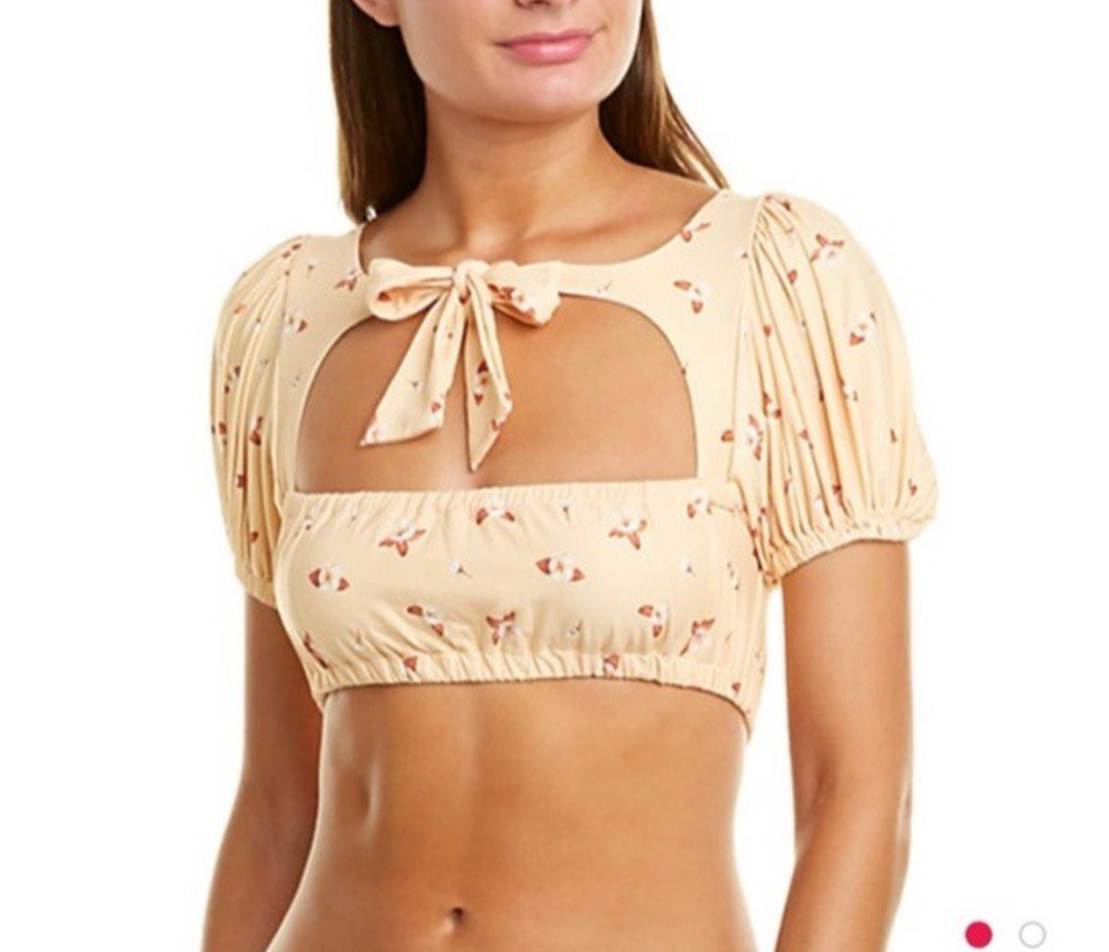 We Wore What Bikini Top Lily Butter Yellow Floral Swim Puff Sleeve Large New NWT